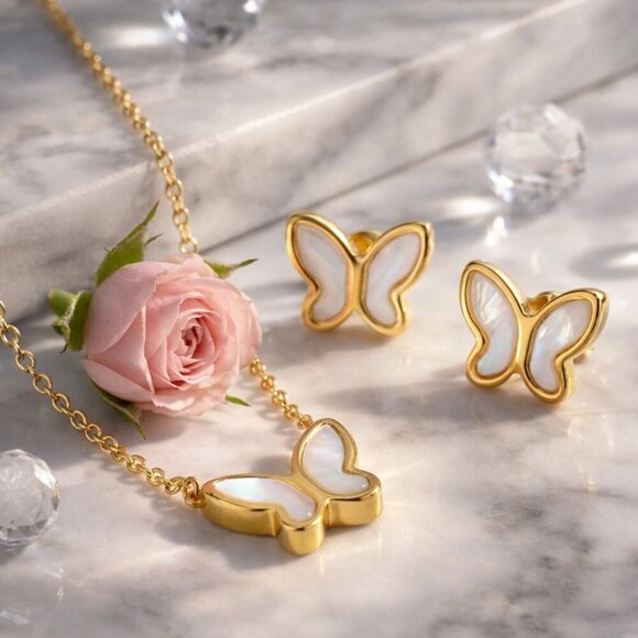 18K Gold Plated Mother Of Pearl Butterfly Necklace And Stud Earrings Set Spring - Picture 16 of 16